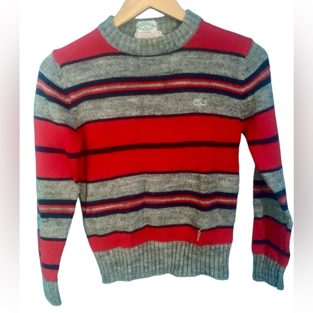 Vintage Izod Lacoste Red Grey Blue Stripe Crew Neck Sweater